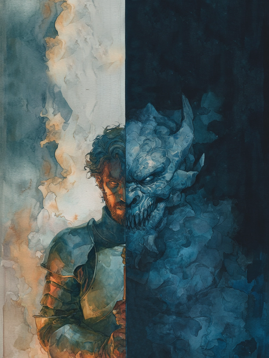A determined medieval warrior on the left, split down the middle to show a ghostly monster on the right