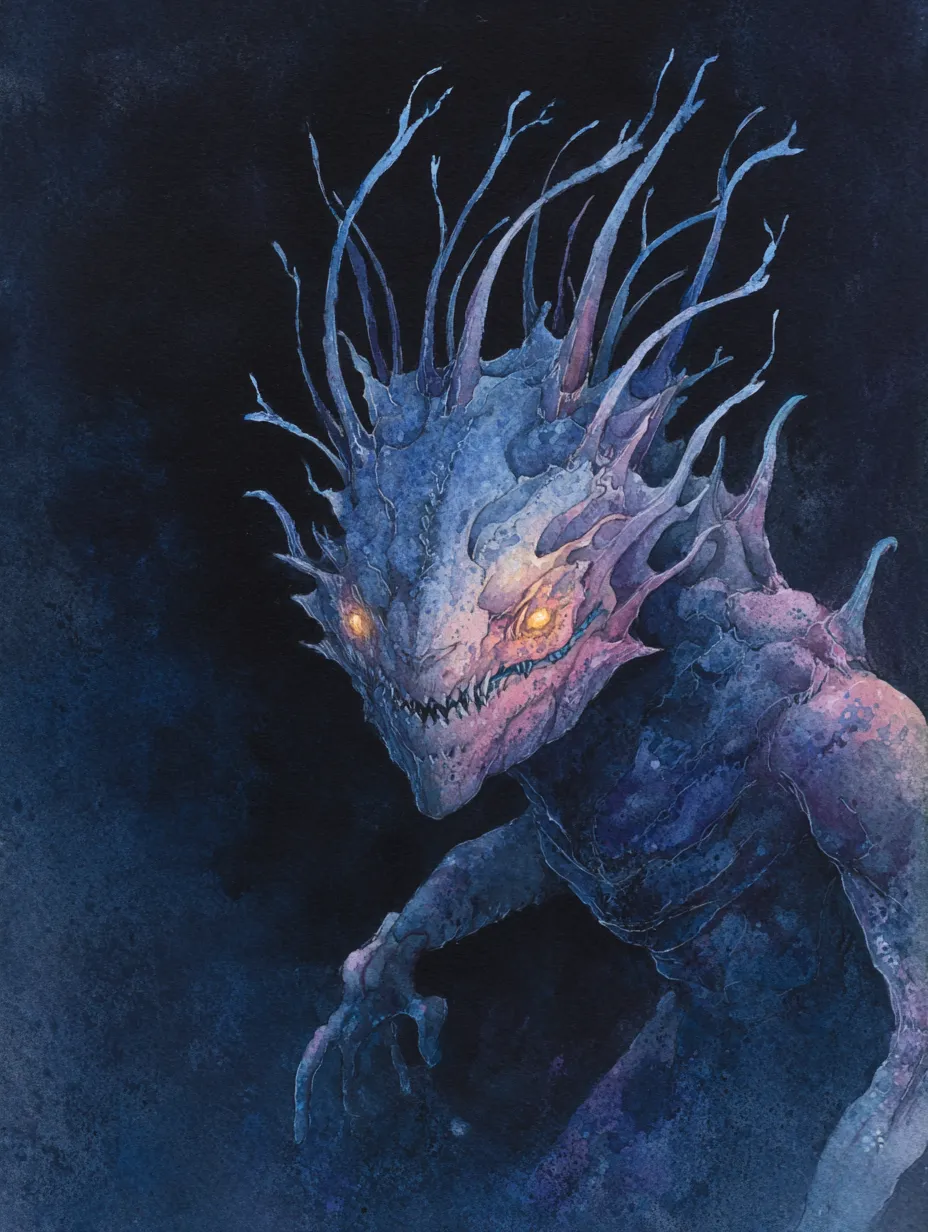 A strange purplish-blue creature with glowing eyes and sharp teeth